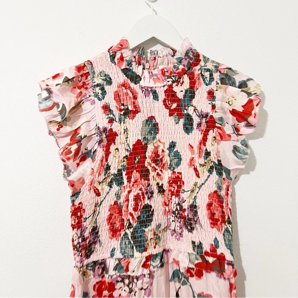 Sea New York Lanie Floral Smocked Midi Dress 100% Silk Pink floral Size Medium M - Picture 5 of 7